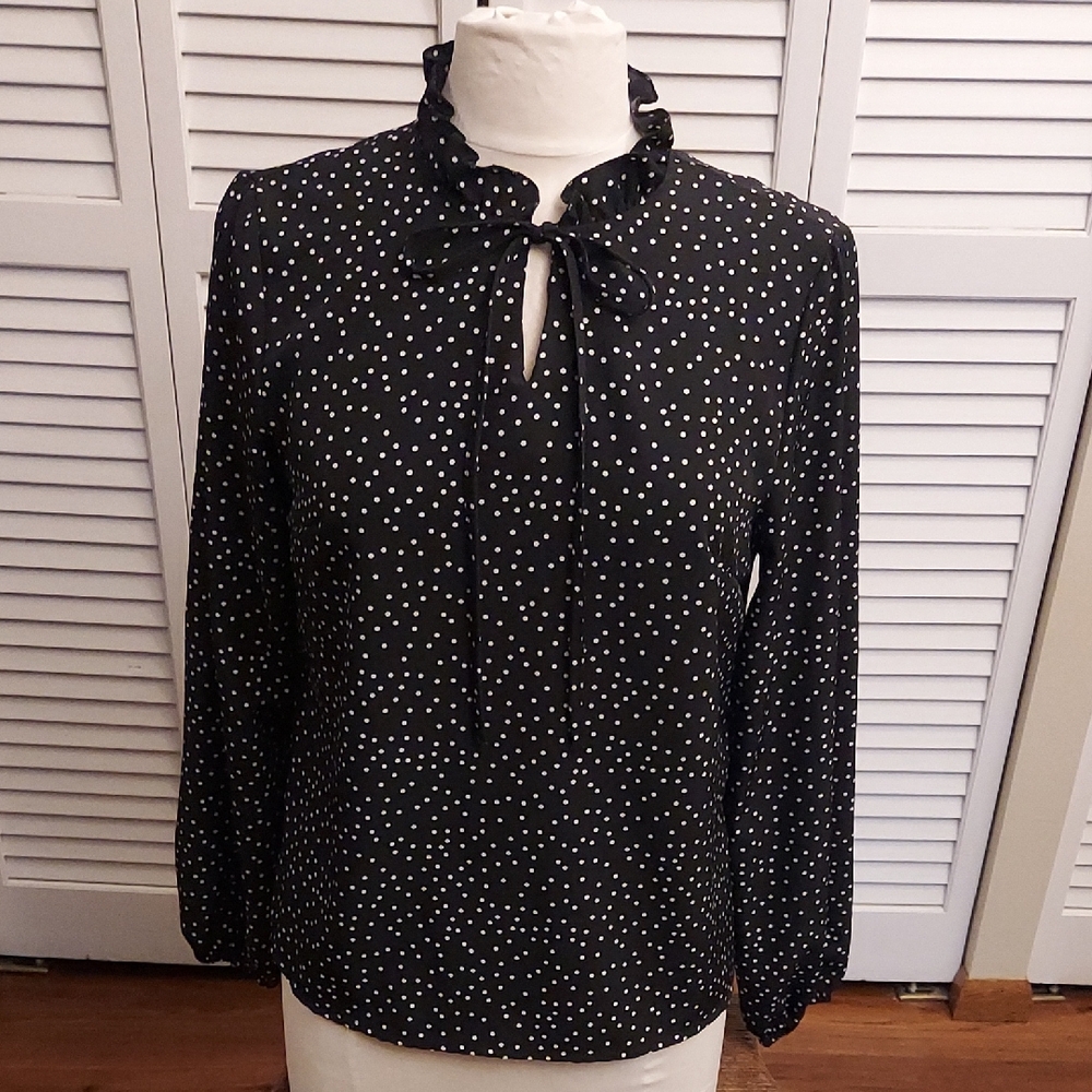 Black Polka Dot Tie-Neck Blouse